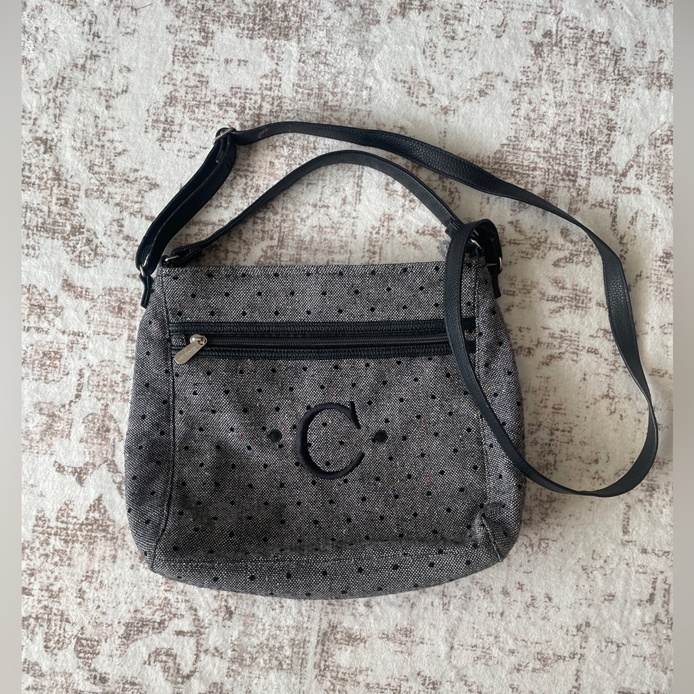 thirty-one Gray Dot Monogram thirty-one Crossbody Tote Bag with Black Strap